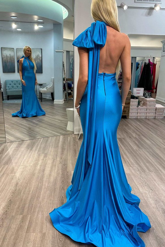 Lustrous Satin Mermaid Halter Sleeveless Open Back Floor Length Prom Dresses