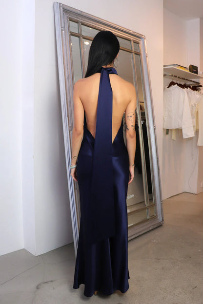 Lustrous Satin Mermaid High-Neck Open-Back Floor-Length Evening Gown