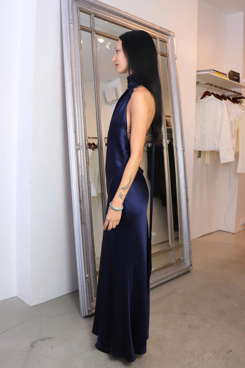 Lustrous Satin Mermaid High-Neck Open-Back Floor-Length Evening Gown