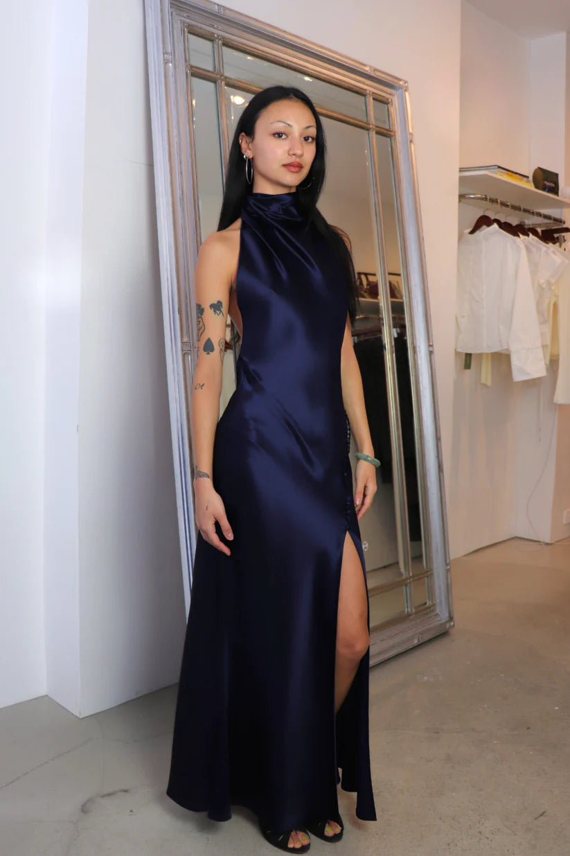 Lustrous Satin Mermaid High-Neck Open-Back Floor-Length Evening Gown