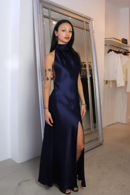 Lustrous Satin Mermaid High-Neck Open-Back Floor-Length Evening Gown
