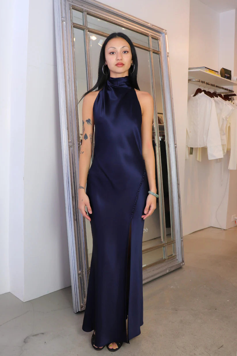 Lustrous Satin Mermaid High-Neck Open-Back Floor-Length Evening Gown