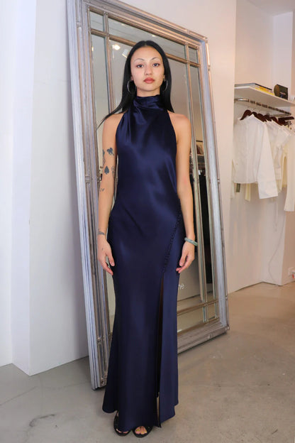 Lustrous Satin Mermaid High-Neck Open-Back Floor-Length Evening Gown