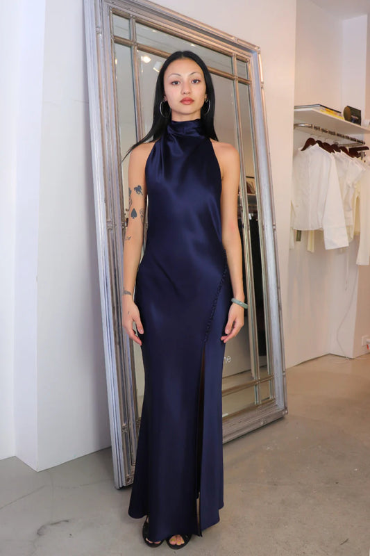 Lustrous Satin Mermaid High-Neck Open-Back Floor-Length Evening Gown