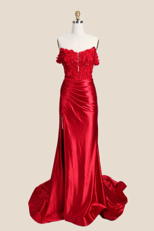 Lustrous Satin Mermaid Off The Shoulder Floral Lace Floor Length Slit Evening Dress
