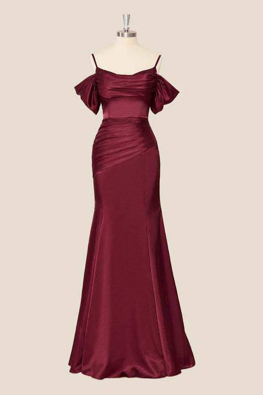 Lustrous Satin Mermaid Sweetheart Spaghetti Strap Off The Shoulder Floor Length Evening Dress