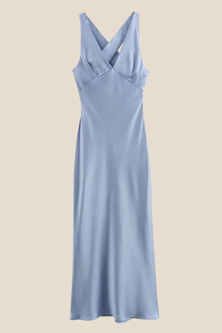 Lustrous Satin Slip V-Neck Sleeveless Cross Back Cutout Midi Evening Dress
