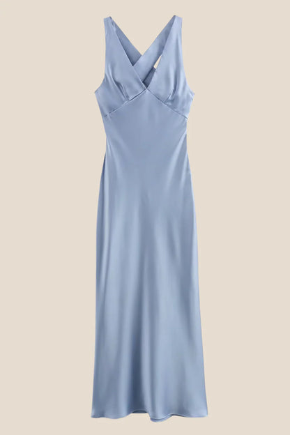 Lustrous Satin Slip V-Neck Sleeveless Cross Back Cutout Midi Evening Dress