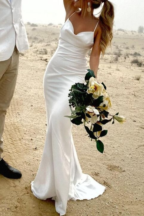 Lustrous satin mermaid cowl neck spaghetti-strap tie-back floor-length prom dresses