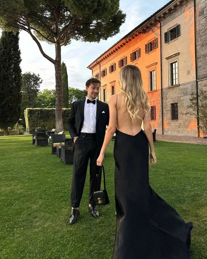 Lustrous satin mermaid spaghetti-strap open-back slit floor-length prom dresses