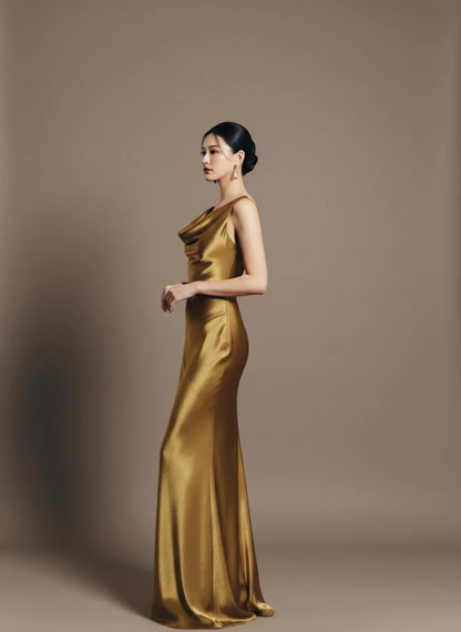 Luxe Satin Cowl Neck Crisscross Open Back Mermaid Floor-Length Evening Dress