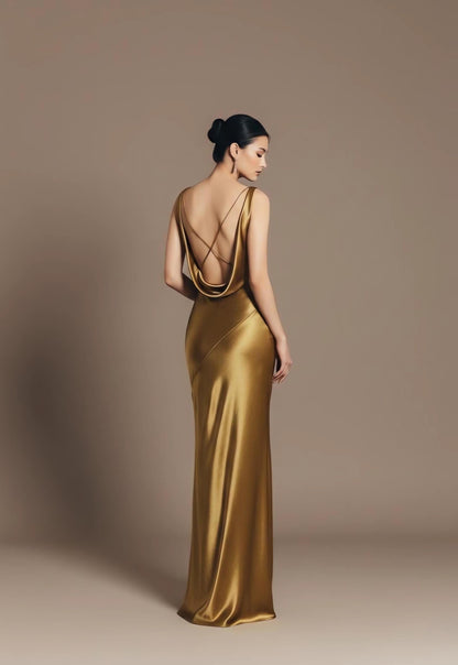 Luxe Satin Cowl Neck Crisscross Open Back Mermaid Floor-Length Evening Dress