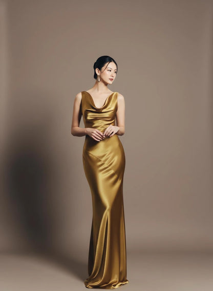 Luxe Satin Cowl Neck Crisscross Open Back Mermaid Floor-Length Evening Dress