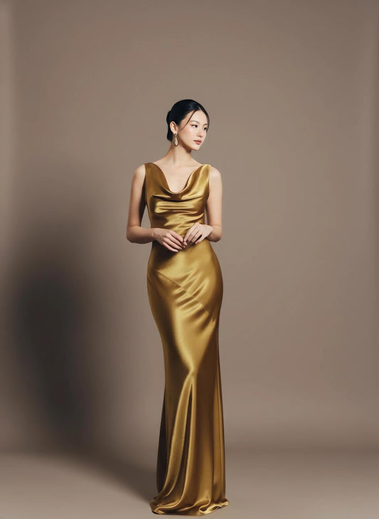 Luxe Satin Cowl Neck Crisscross Open Back Mermaid Floor-Length Evening Dress