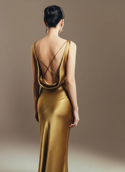 Luxe Satin Cowl Neck Crisscross Open Back Mermaid Floor-Length Evening Dress
