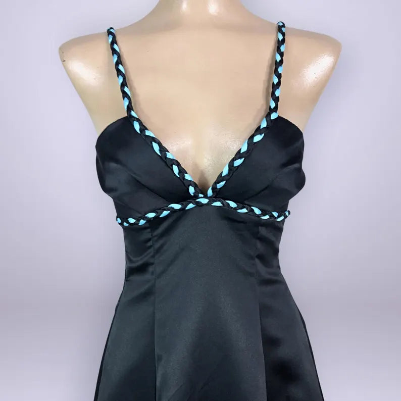 Luxe Satin Evening Dress with Braided Trim, Deep V-Neck and Floor-Length Flowing A-Line Skirt