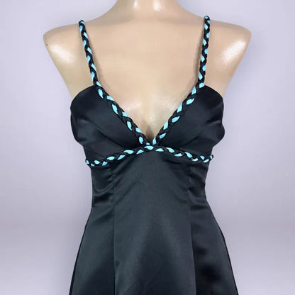 Luxe Satin Evening Dress with Braided Trim, Deep V-Neck and Floor-Length Flowing A-Line Skirt