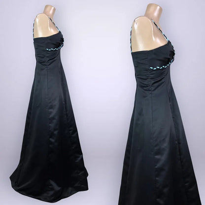 Luxe Satin Evening Dress with Braided Trim, Deep V-Neck and Floor-Length Flowing A-Line Skirt