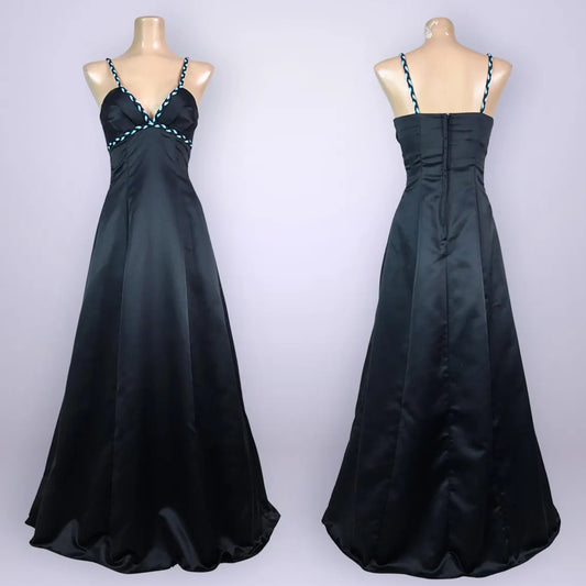Luxe Satin Evening Dress with Braided Trim, Deep V-Neck and Floor-Length Flowing A-Line Skirt