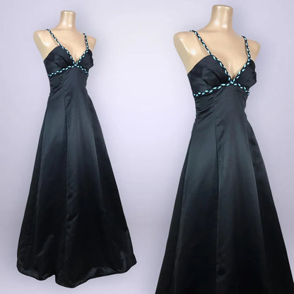 Luxe Satin Evening Dress with Braided Trim, Deep V-Neck and Floor-Length Flowing A-Line Skirt