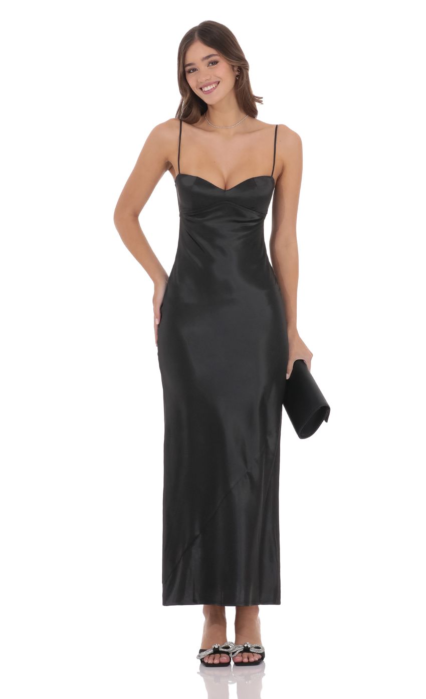 Luxe Satin Spaghetti Strap Sweetheart Neck Back Bow Tie Maxi Evening Dress