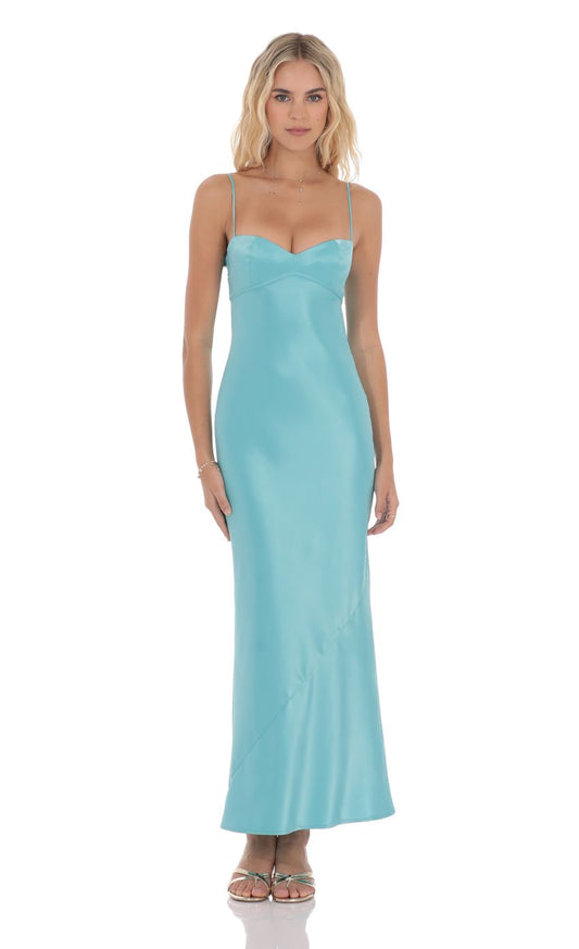 Luxe Satin Spaghetti Strap Sweetheart Neck Back Bow Tie Maxi Evening Dress