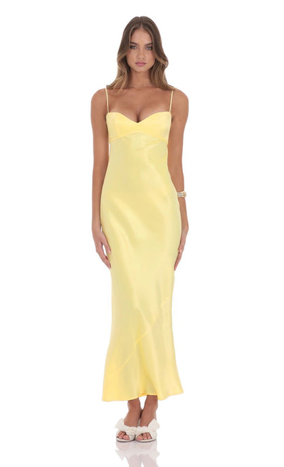 Luxe Satin Spaghetti Strap Sweetheart Neck Back Bow Tie Maxi Evening Dress