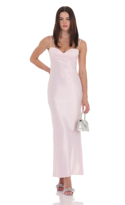 Luxe Satin Spaghetti Strap Sweetheart Neck Back Bow Tie Maxi Evening Dress