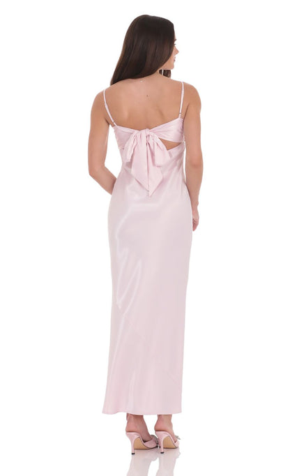 Luxe Satin Spaghetti Strap Sweetheart Neck Back Bow Tie Maxi Evening Dress