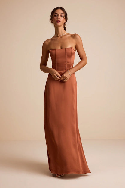 Luxe Satin Strapless Evening Dresses with Structured Corset Bodice and High Slit Formal Gown