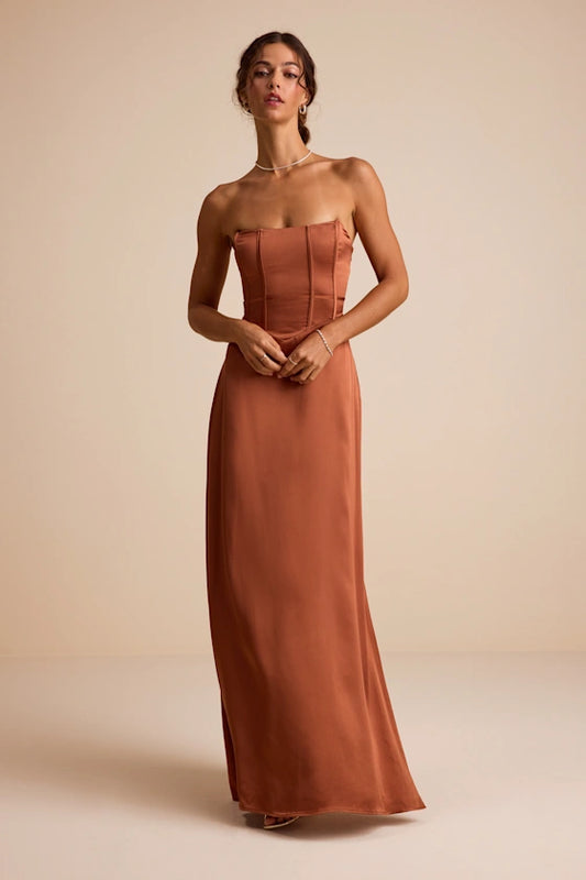 Luxe Satin Strapless Evening Dresses with Structured Corset Bodice and High Slit Formal Gown
