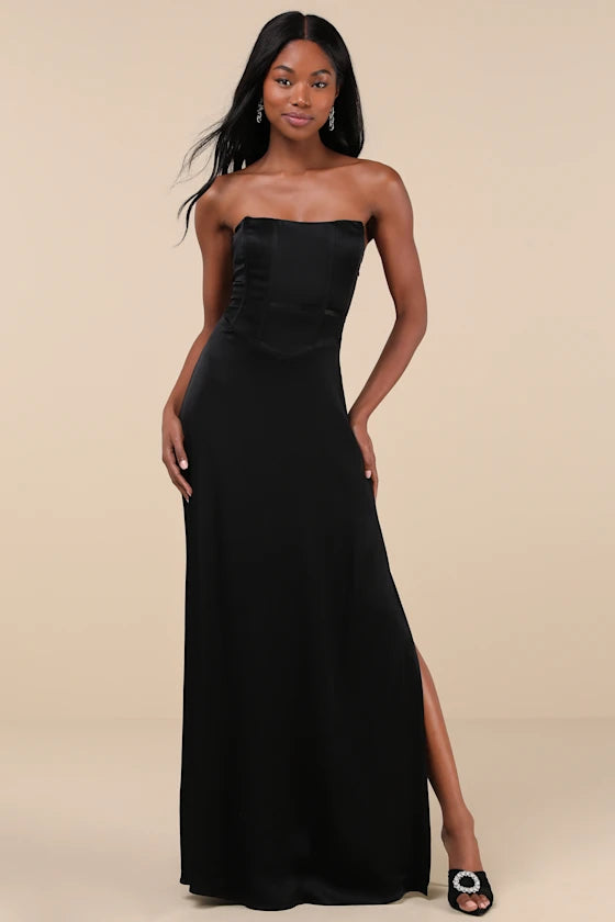 Luxe Satin Strapless Evening Dresses with Structured Corset Bodice and High Slit Formal Gown