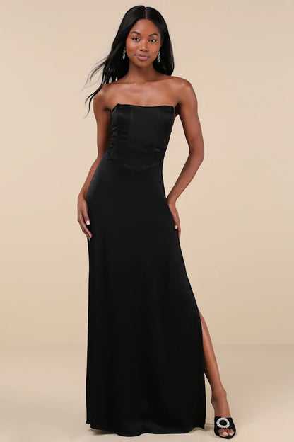 Luxe Satin Strapless Evening Dresses with Structured Corset Bodice and High Slit Formal Gown