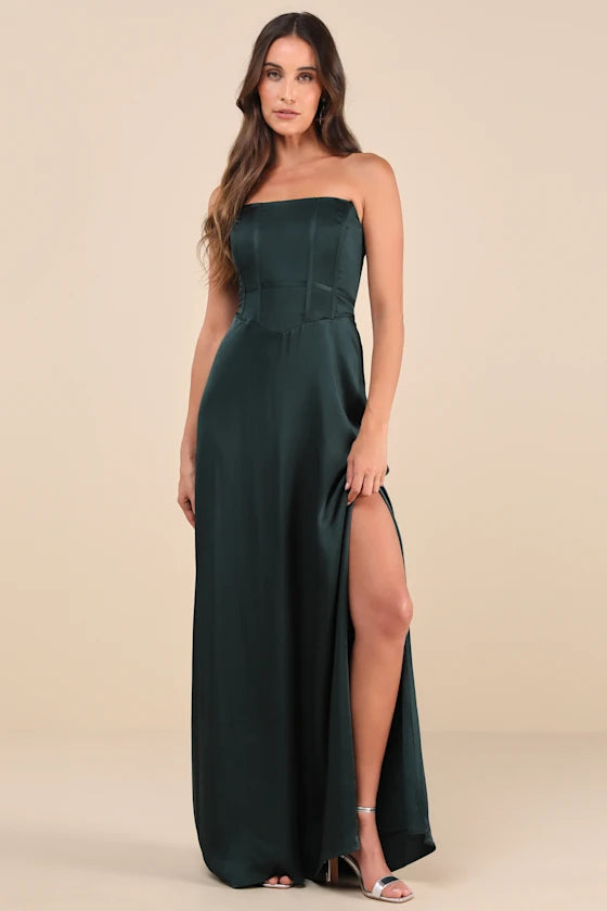Luxe Satin Strapless Evening Dresses with Structured Corset Bodice and High Slit Formal Gown