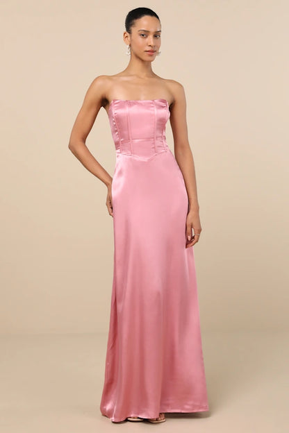 Luxe Satin Strapless Evening Dresses with Structured Corset Bodice and High Slit Formal Gown