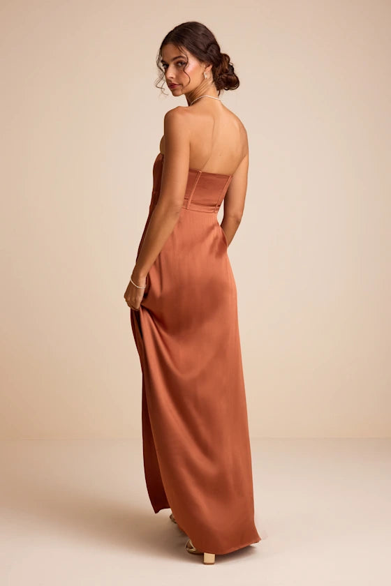 Luxe Satin Strapless Evening Dresses with Structured Corset Bodice and High Slit Formal Gown