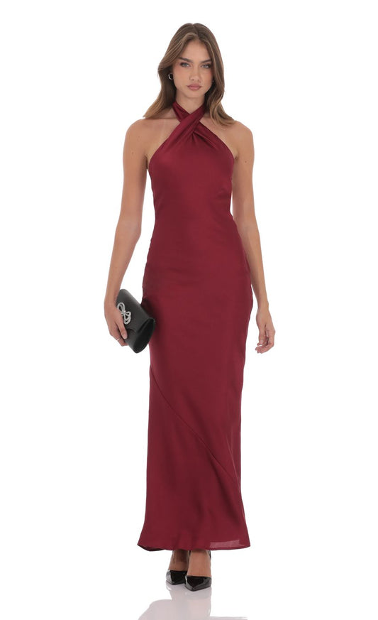 Luxe Satin Twist Halter Neck Open Back Maxi Evening Dress