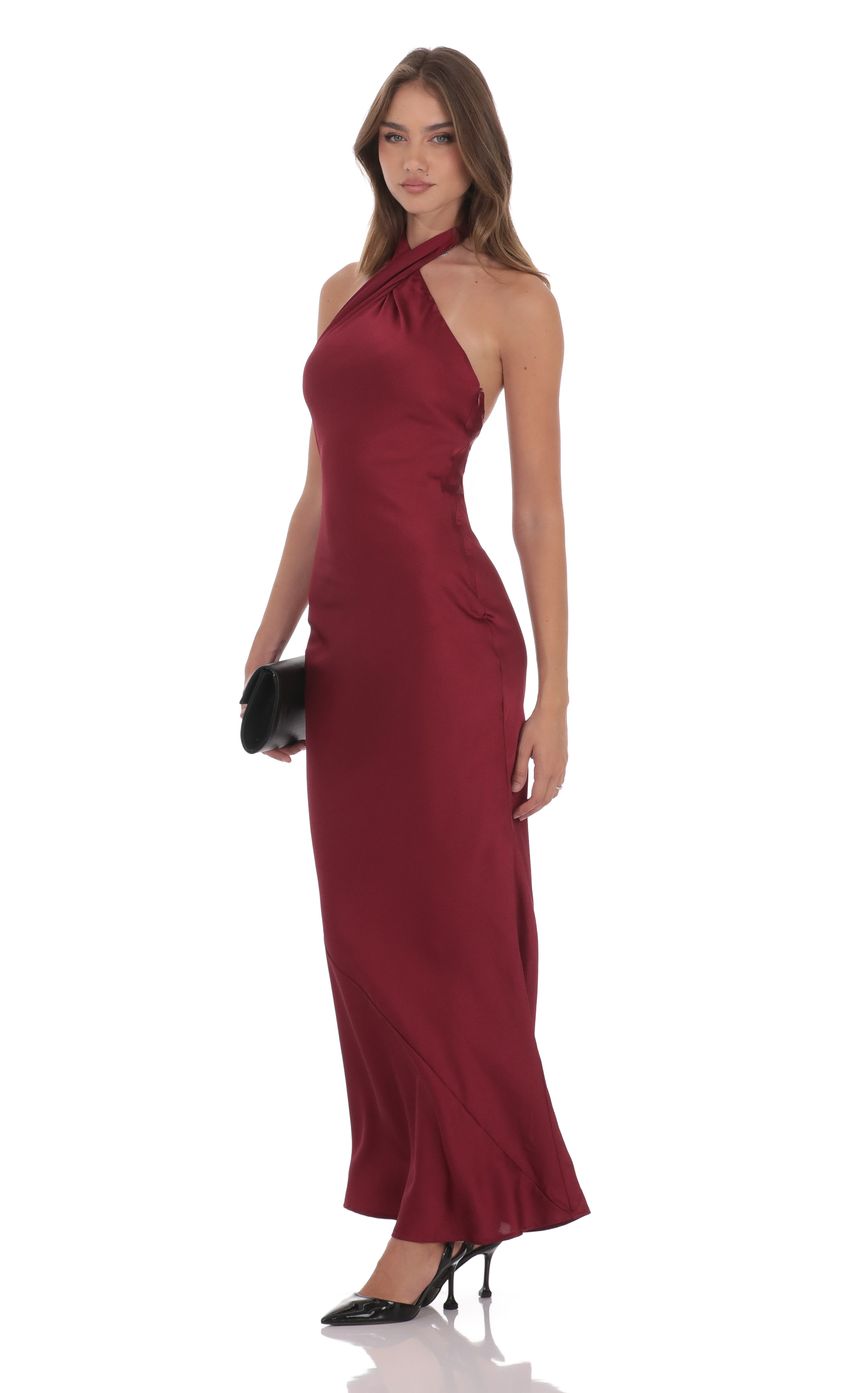 Luxe Satin Twist Halter Neck Open Back Maxi Evening Dress