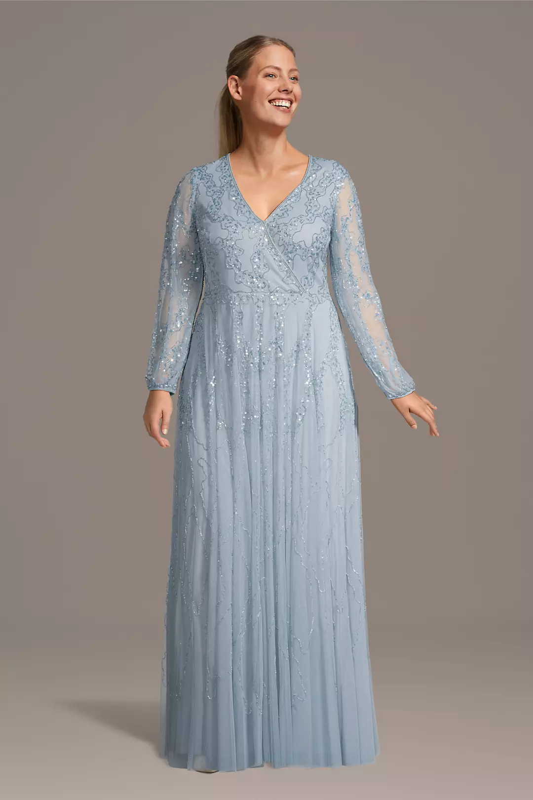 Luxe V-Neck Mother of the Bride Dress with Sheer Long Sleeves and Beaded Floral Embroidery