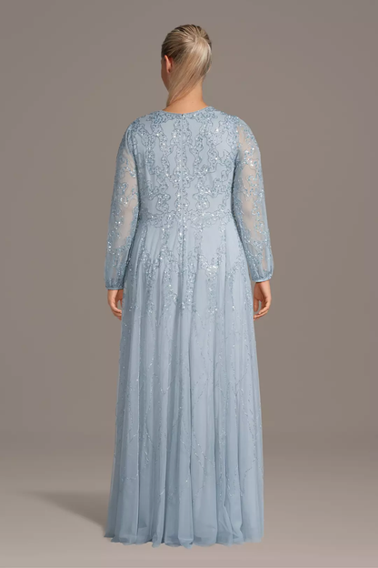 Luxe V-Neck Mother of the Bride Dress with Sheer Long Sleeves and Beaded Floral Embroidery