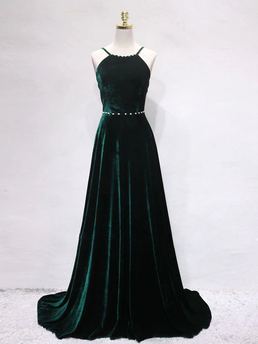 Luxurious A-Line Halter Crisscross Tie Back Floor-Length Velvet Prom Dress