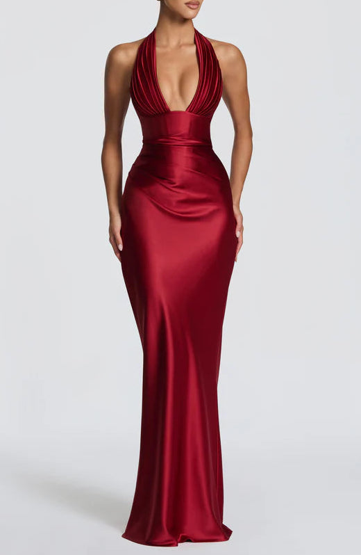 Luxurious Fitted Halter Neck Sleeveless Lace Up Back Floor Length Prom Dress