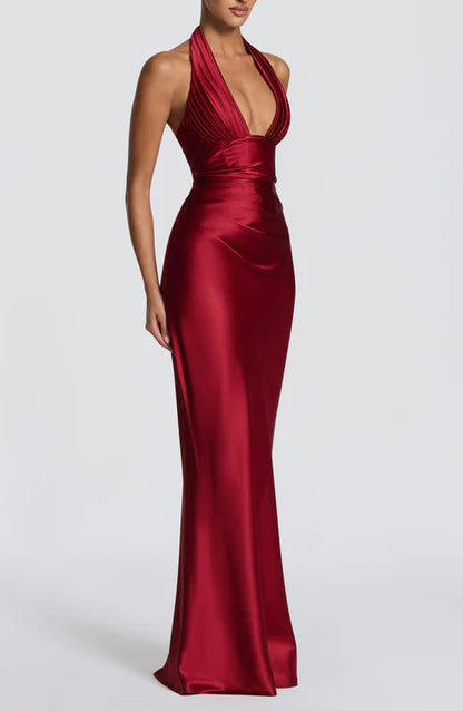 Luxurious Fitted Halter Neck Sleeveless Lace Up Back Floor Length Prom Dress