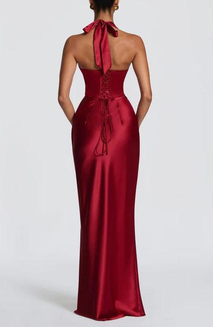 Luxurious Fitted Halter Neck Sleeveless Lace Up Back Floor Length Prom Dress