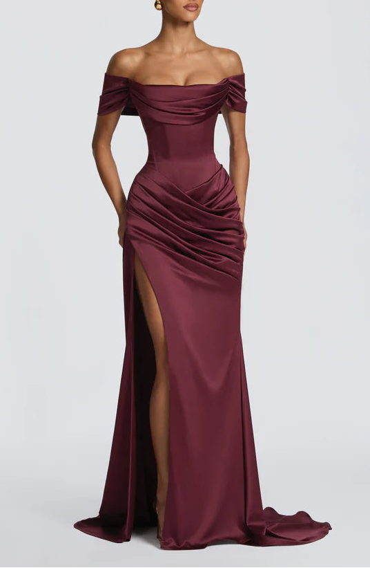 Luxurious Fitted Off The Shoulder Lace Up Back High Slit Floor Length Prom Dress