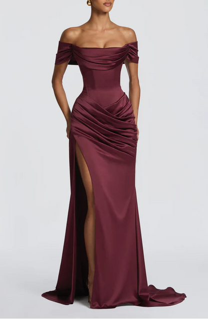 Luxurious Fitted Off The Shoulder Lace Up Back High Slit Floor Length Prom Dress