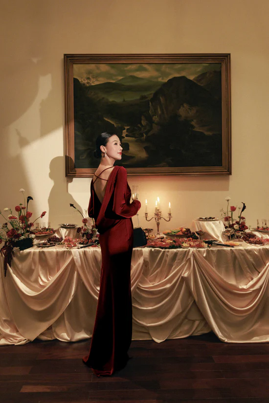 Luxurious Mermaid Boat Neck Long Sleeve Open Back Floor-Length Velvet Evening Dress