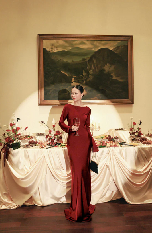 Luxurious Mermaid Boat Neck Long Sleeve Open Back Floor-Length Velvet Evening Dress