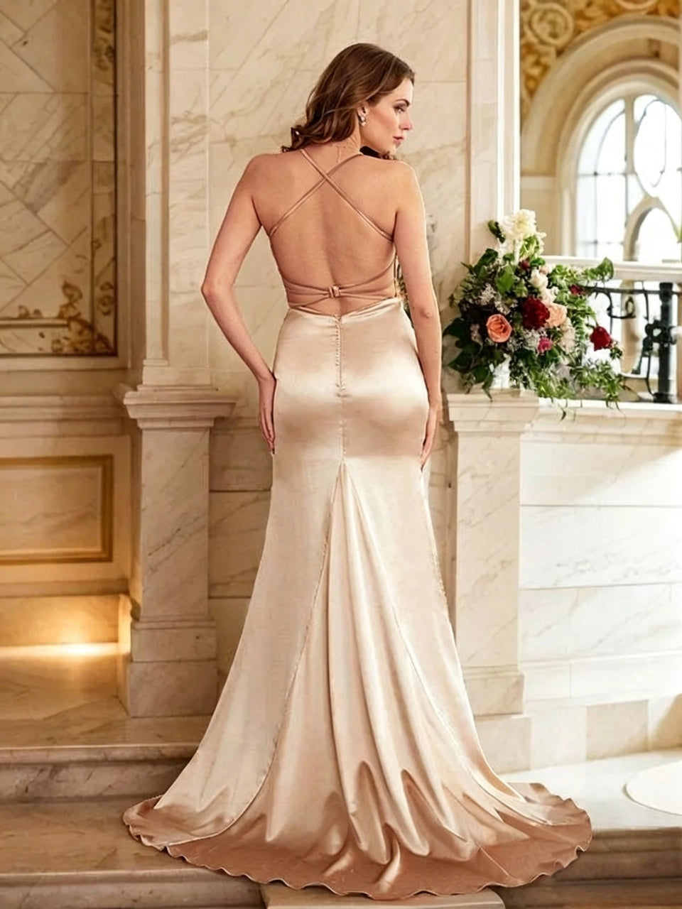 Luxurious Satin Mermaid Cowl-Neck Crisscross-Back High-Slit Evening Dress