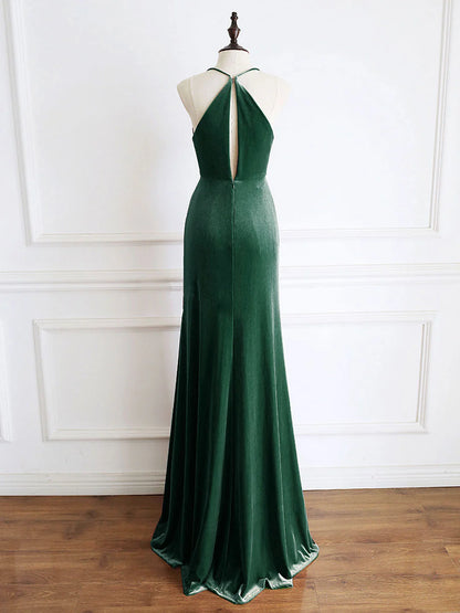 Luxurious Mermaid Halter V-Neck Hidden Zipper Floor-Length Velvet Prom Dress